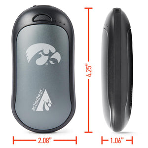 ActionHeat hand warmer with Iowa Hawkeyes logo showing front and side dimensions of 4.25 inches by 2.08 inches by 1.06 inches