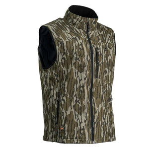 Mobile Warming camo print vest with black zipper and high collar