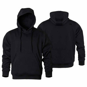 Mobile Warming black hooded sweatshirt shown from front and back views