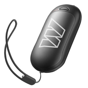 Black oval portable power bank with wrist strap and logo