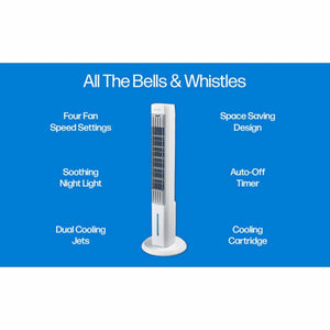 Ontel tower fan features including four speeds, space saving design, night light, timer, cooling jets and cartridge