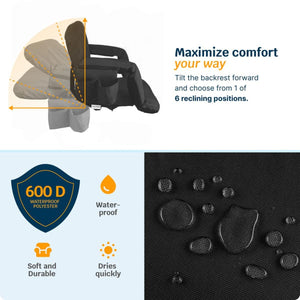 Stadium seat showing six reclining positions and 600D waterproof polyester fabric features