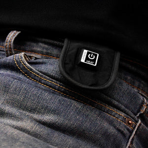 Venture Heat power button control on blue jeans