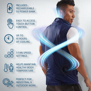AlphaCool vest features including rechargeable power bank, touch control, 10 hour cooling, and 3 fan speeds