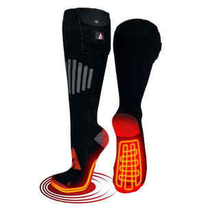 ActionHeat black battery heated socks with glowing red heating elements on the sole and toe