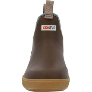 Front view of brown Xtratuf ankle boot with tan sole