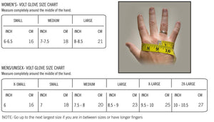 Volt glove sizing chart for women and men showing hand measurement instructions