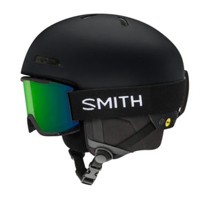 Smith Optics matte black ski helmet with green mirrored goggles