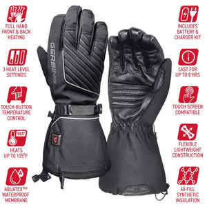 Gerbing heated gloves with feature icons for battery life, waterproof membrane, and touch screen compatibility