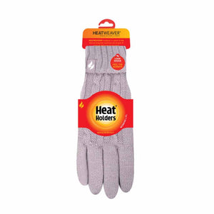 Heat Holders womens grey cable knit thermal gloves in retail packaging