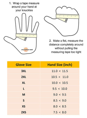 California Heat glove size chart with instructions on how to measure hand circumference