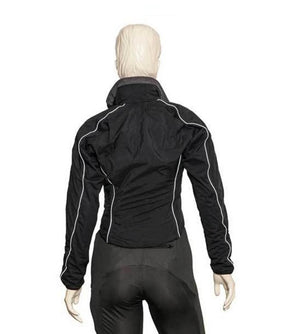 Back view of a black cycling jacket with white piping on a mannequin