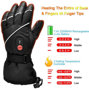 Black heated glove with battery life and temperature settings chart