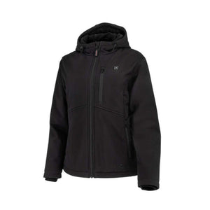 Radians black hooded softshell heated jacket with front zipper and chest pocket