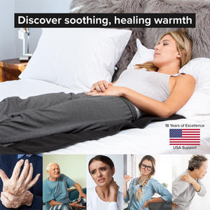 Person resting on a heating pad with examples of people experiencing joint and muscle pain