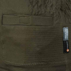 Olive green fabric texture with Addheat heating system and Polygiene labels