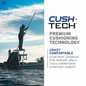 Korkers Cush-Tech premium EVA midsole technology graphic featuring a person fishing from a boat
