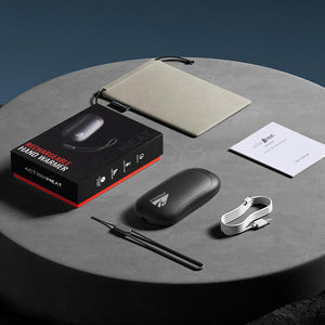 ActionHeat rechargeable hand warmer with box, charging cable, carry pouch, and user manual on a grey surface