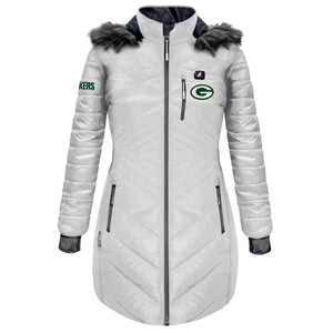 ActionHeat Green Bay Packers white quilted parka with faux fur hood