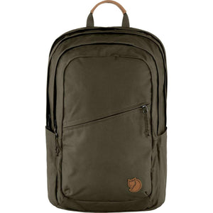 Fjallraven Raven 20 backpack in dark olive green with leather handle and front zipper pocket