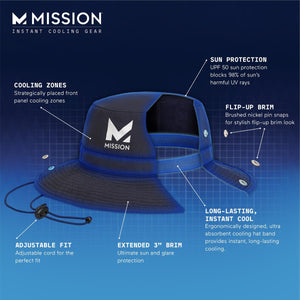 Mission cooling bucket hat features with UPF 50 protection, adjustable cord, and cooling zones