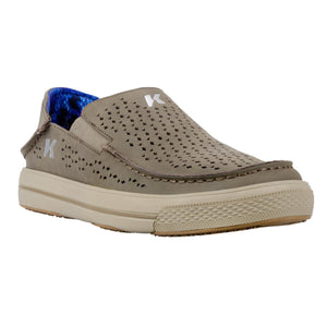 Korkers tan slip on shoe with perforated upper and blue patterned interior
