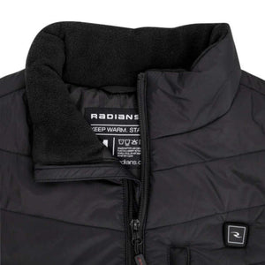 Radians black heated vest collar with interior care instructions and brand logo