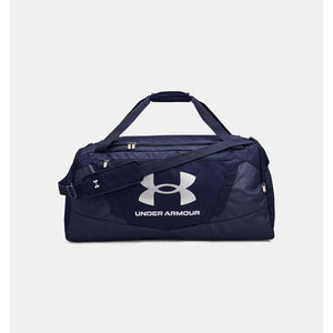Navy blue Under Armour duffel bag with white logo