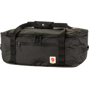 Black FjallRaven duffel bag with top handles and front zipper pocket