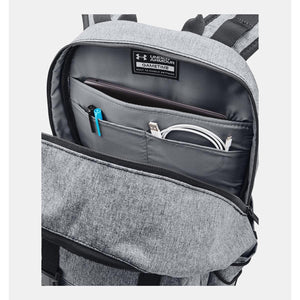 Open Under Armour Gametime backpack showing internal laptop sleeve and organization pockets with pens and charging cable