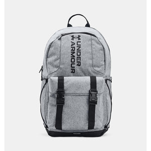 Grey Under Armour backpack with black straps and buckles