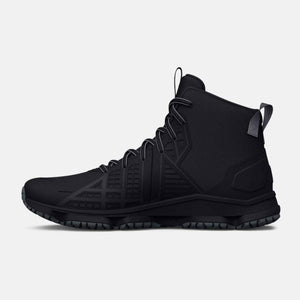 Under Armour black high top training shoe with lace up closure and textured side panels