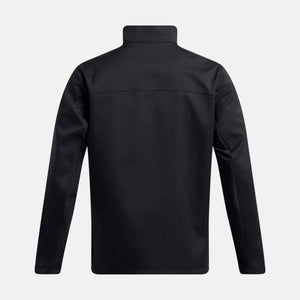 Back view of black Under Armour softshell jacket with high collar