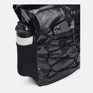 Under Armour black backpack with side water bottle pocket and front bungee cord storage