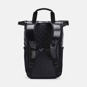 Back view of black Under Armour roll top backpack with padded shoulder straps and chest buckle