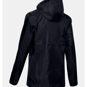 Back view of a black Under Armour hooded windbreaker jacket