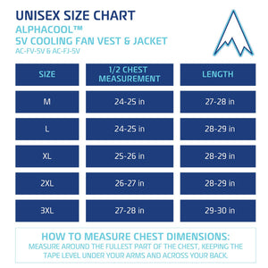 Alphacool unisex size chart for 5V cooling fan vest and jacket showing chest and length measurements in inches