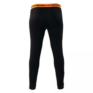 Black leggings with orange waistband featuring Be Tenacious text