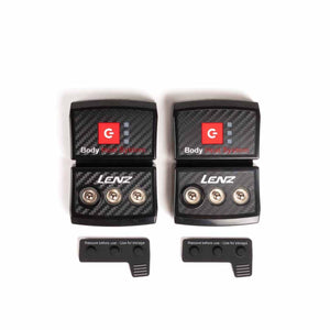 Two Lenz Body Heat System battery packs with carbon fiber texture and snap connectors