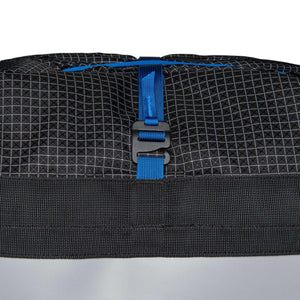 Black grid pattern fabric with blue nylon strap and plastic buckle closure
