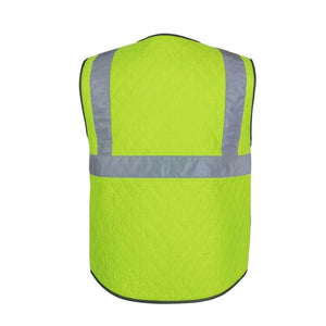 Back view of a lime green quilted high visibility safety vest with reflective silver stripes