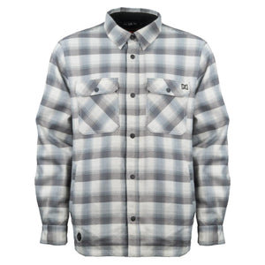Mobile Warming grey and white plaid long sleeve button up shirt with two chest pockets