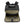 Open black backpack with olive green interior pockets containing a pen and small electronic accessories