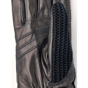 Hestra black leather glove with knitted side panel detail
