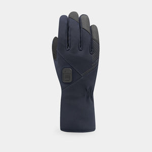 Racer navy blue heated glove with power button on back of hand