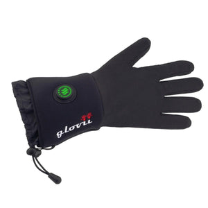 Black Glovii heated glove with a green power button on the wrist cuff