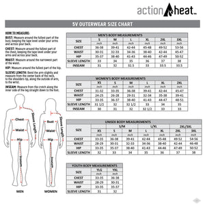 ActionHeat 5V outerwear size chart for men women unisex and youth with measurement instructions