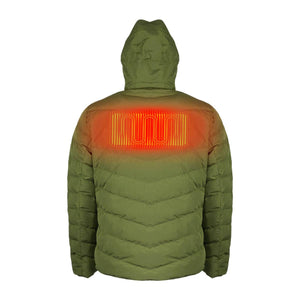 Back view of olive green Mobile Warming hooded jacket with glowing red heating element graphic on upper back