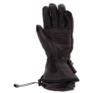 Black leather and textile winter glove with adjustable wrist cinch