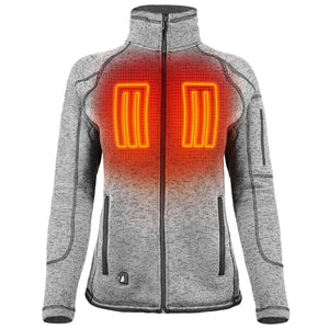 Grey heathered fleece jacket with glowing orange heating elements on the chest